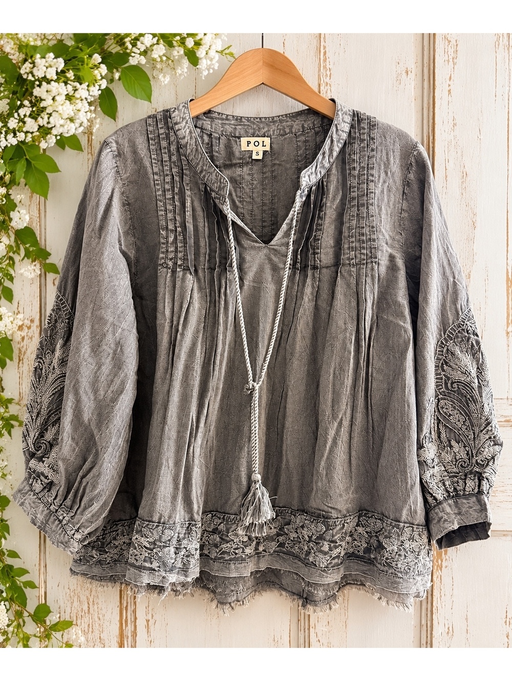 POL Embroidered Boho Blouse Size Small Gray Mineral Wash Tassel Tie Top